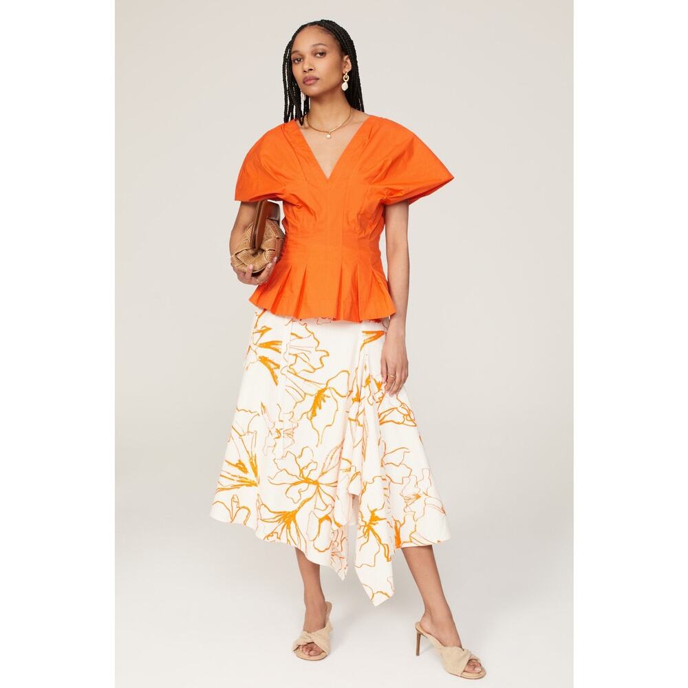 Eudon Choi Orange Poplin Flutter Sleeve V-Neck Pleated Top Size 10